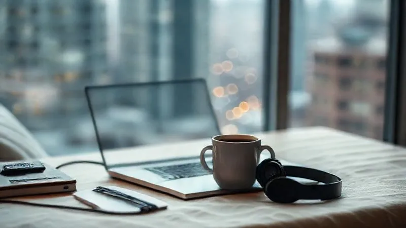 A photorealistic image of a digital nomad's workspace, minimalist and organized, with a laptop, noise-canceling headphones, and a cup of coffee. The background is slightly blurred, suggesting a cozy, temporary setup in a foreign city. Cinematic lighting, sharp focus, 8K.
