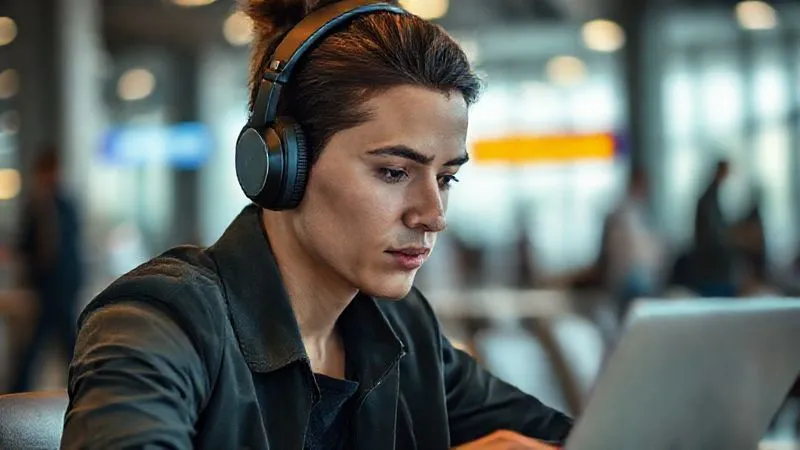 A photorealistic image of a person wearing sleek, modern noise-canceling headphones, intensely focused on a laptop screen, with a blurred background suggesting a bustling cafe or airport. The person exudes calm and productivity. Cinematic lighting, sharp focus on the headphones and face, 8K.