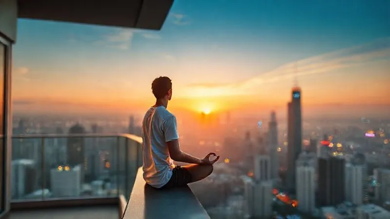 A photorealistic image of a digital nomad meditating peacefully on a balcony overlooking a vibrant cityscape at sunrise. The scene conveys tranquility and mental clarity amidst a busy world. Soft, warm cinematic lighting, sharp focus on the person, depth of field blurring the city. 8K.