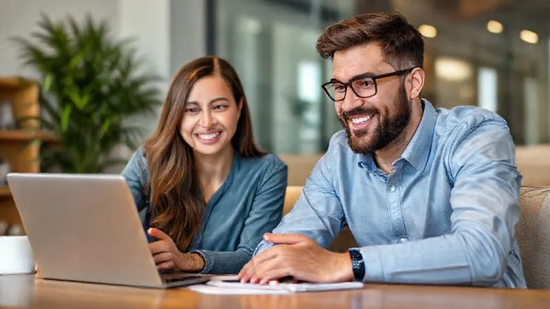 A photorealistic image of a digital nomad having a video call with a language tutor on a laptop. They are both smiling and engaged, with a professional yet comfortable setting. Cinematic lighting, sharp focus on their faces, depth of field blurring the background, 8K hyper-detailed.