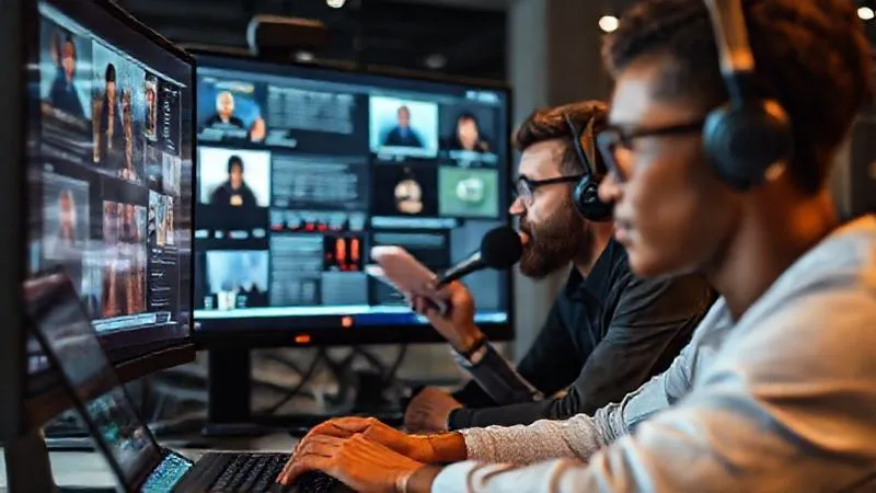 A photorealistic image of a diverse group of digital nomads collaborating online, visible through multiple screens on a large monitor. One person is actively typing, another is speaking into a microphone, and a third is reviewing documents. The atmosphere is dynamic and productive. Cinematic lighting, sharp focus on the screens and faces, depth of field blurring the background, 8K hyper-detailed.