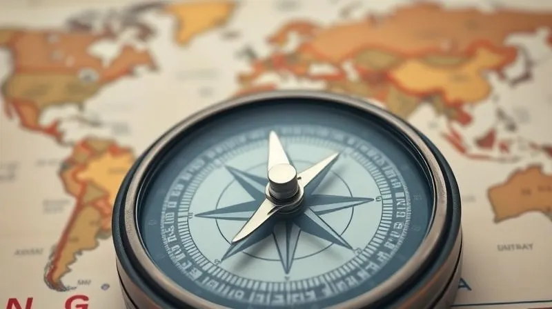 A photorealistic, professional photography of a compass pointing North, with a blurred map of the world in the background. The compass needle glows subtly, symbolizing clear direction and purpose. 8K, cinematic lighting, sharp focus, depth of field, shot on a high-end DSLR.