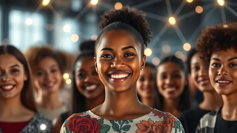 A photorealistic, professional photography of diverse people from different cultures connecting virtually through glowing digital lines, forming a global network. The central figure (gender-neutral) is smiling, representing authentic engagement. 8K, cinematic lighting, sharp focus, depth of field, shot on a high-end DSLR.