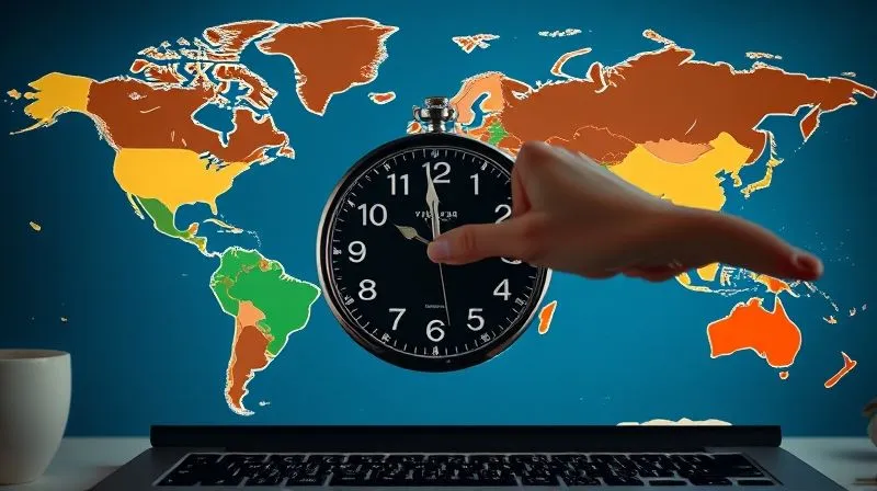 A photorealistic image of a world map with different time zones highlighted, and a hand (gender-neutral) adjusting a clock on a laptop. The background shows subtle cultural elements from various regions, symbolizing global reach and adaptation. 8K, cinematic lighting, sharp focus, depth of field, shot on a high-end DSLR.