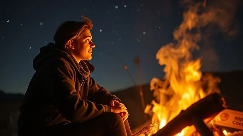 A photorealistic, professional photography of a person (gender-neutral) sitting by a campfire under a starry sky, telling a captivating story. Their face is illuminated by the firelight, and subtle digital marketing elements are woven into the smoke patterns. 8K, cinematic lighting, sharp focus, depth of field, shot on a high-end DSLR, evoking connection and personal narrative.