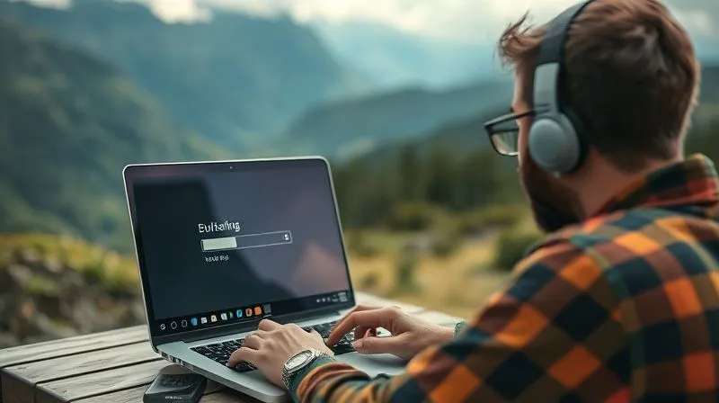 A photorealistic image of a digital nomad looking frustrated at a laptop screen showing a buffering video, with a weak Wi-Fi signal icon. The background is a beautiful but somewhat remote natural landscape, conveying the contrast between freedom and connectivity challenges. Cinematic lighting, sharp focus on the laptop and nomad's expression, depth of field blurring the background, 8K hyper-detailed, professional photography, shot on a high-end DSLR.