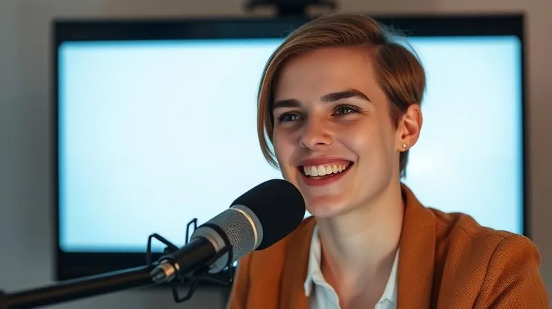 A photorealistic image of a webinar host, smiling and engaging, speaking clearly into a professional microphone. On the screen behind them, simple, clean slides are displayed. The overall aesthetic is professional and optimized for clear communication, with subtle visual cues of a stable connection despite potential challenges. Cinematic lighting, sharp focus on the host, depth of field blurring the background, 8K hyper-detailed, professional photography, shot on a high-end DSLR.