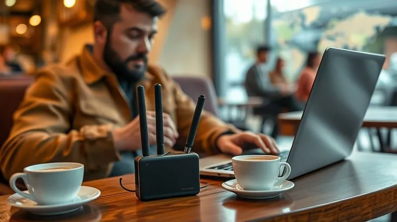 A photorealistic image of a digital nomad sitting comfortably in a cafe, setting up a portable hotspot device next to their laptop. The scene emphasizes preparedness and proactive solutions for internet challenges, with a cup of coffee and a map subtly in the background. Cinematic lighting, sharp focus on the tech setup, depth of field blurring the cafe background, 8K hyper-detailed, professional photography, shot on a high-end DSLR.