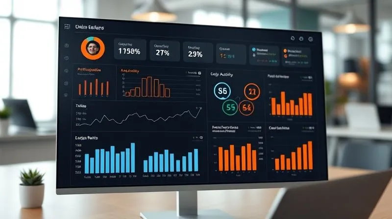A photorealistic image of a data dashboard displaying various engagement metrics for online webinars, including participation rates, chat activity, and feedback scores. The dashboard is clean, professional, and visually appealing, with charts and graphs clearly showing trends. Cinematic lighting, sharp focus on the dashboard details, depth of field blurring a subtle office or remote workspace background, 8K hyper-detailed, professional photography, shot on a high-end DSLR.