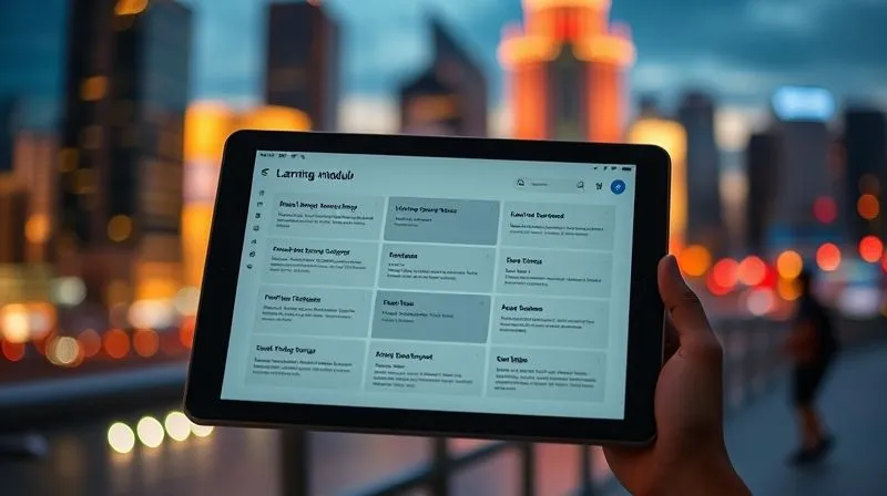 A photorealistic, professional photography, 8K image showing a sleek, modern tablet displaying a multi-layered, interactive learning module, with various sections clearly labeled and interconnected. The background is a blurred, vibrant cityscape at sunset, suggesting a nomadic learner absorbing knowledge on the go. Cinematic lighting, sharp focus on the tablet screen, depth of field. Shot on a high-end DSLR.
