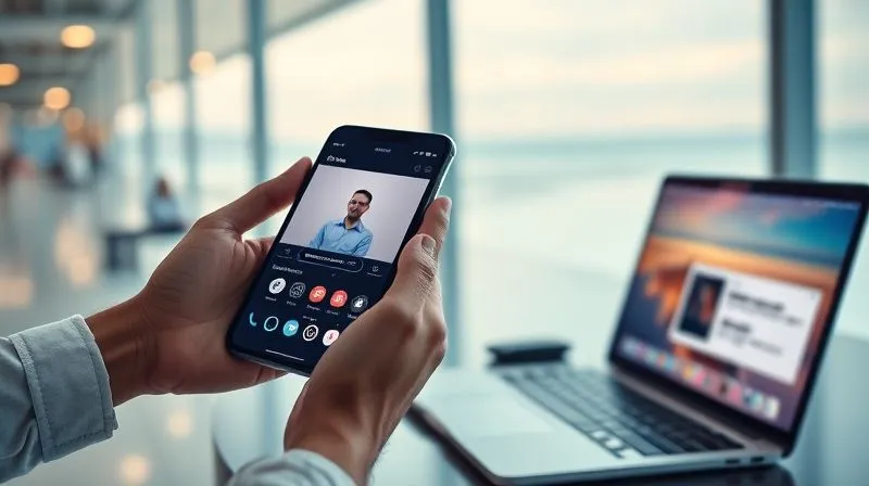 A photorealistic, professional photography, 8K image depicting a seamless digital experience, with a hand holding a sleek smartphone displaying a webinar, a tablet showing a different angle, and a laptop open to the same content, all perfectly synchronized. The background is a soft, blurred blend of a bustling airport and a serene beach, symbolizing global accessibility. Cinematic lighting, sharp focus on the devices and their synchronized content, depth of field. Shot on a high-end DSLR.