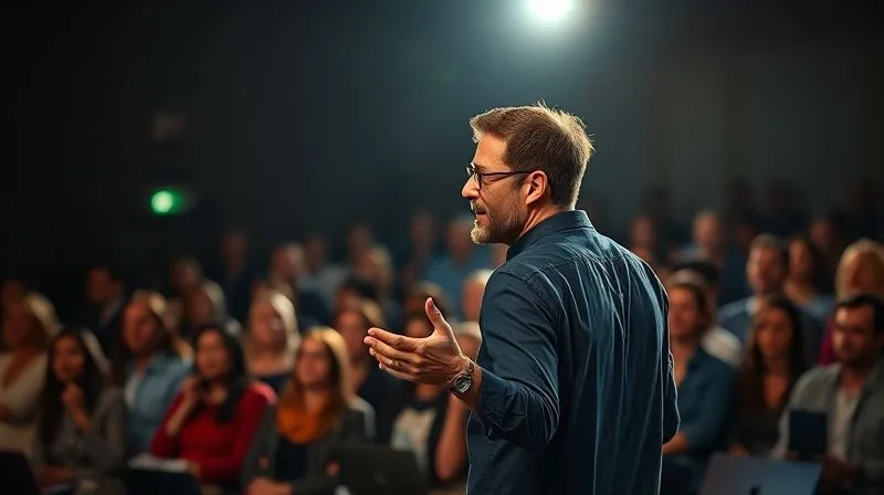 A photorealistic, professional photography, 8K image of a charismatic, diverse speaker (male or female, any ethnicity) on a stage, with a soft, glowing spotlight on them, gesturing engagingly. In the blurred background, a global audience of diverse individuals (some with laptops, some looking up intently) is visible, their faces showing curiosity and connection. Cinematic lighting, sharp focus on the speaker's expressive face and hands, depth of field. Shot on a high-end DSLR.