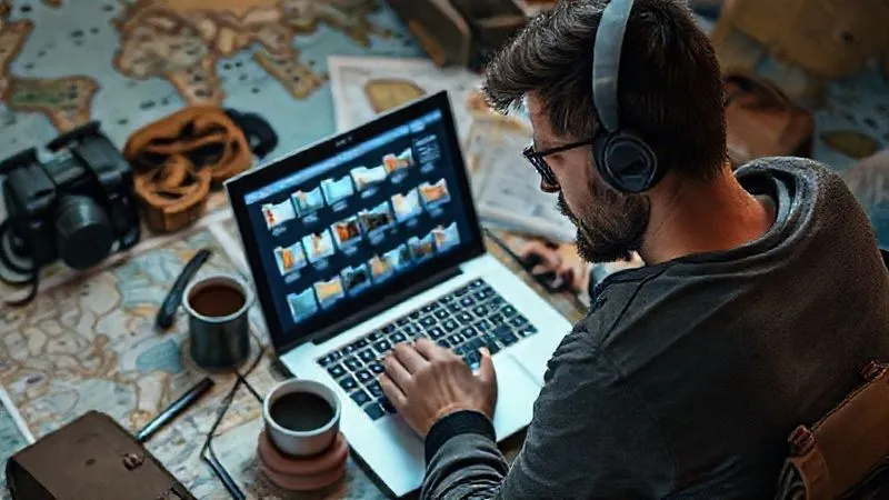 A photorealistic image of a digital nomad meticulously organizing files on a laptop, surrounded by maps and travel gear, a cup of coffee nearby, with a focused expression. Cinematic lighting, sharp focus on the laptop screen showing organized folders, depth of field blurring the travel background, 8K hyper-detailed, professional photography, shot on a high-end DSLR.