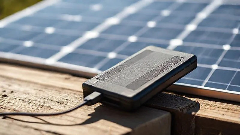 A photorealistic close-up of a high-capacity power bank charging a tablet, with a solar panel subtly visible in the background, bathed in natural sunlight. Professional photography, 8K, cinematic lighting, sharp focus on the power bank and tablet, depth of field blurring the background, shot on a high-end DSLR.