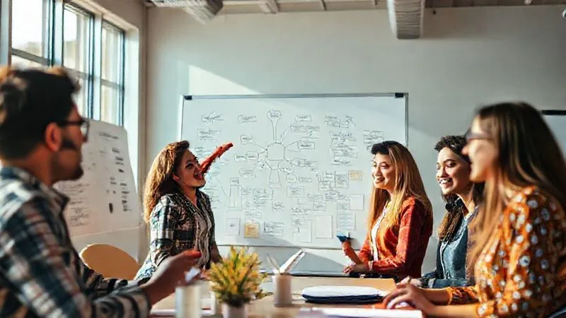 A photorealistic image of a diverse group of young professionals, digital nomads, engaged in a vibrant brainstorming session in a modern, sunlit co-working space. Whiteboards are covered with ideas, and one person is pointing excitedly at a mind map, symbolizing innovation and continuous growth. Cinematic lighting, sharp focus on their collaborative energy, depth of field blurring the background. 8K hyper-detailed, professional photography.