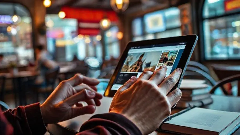 A photorealistic image of a person's hands holding a tablet displaying an online course interface, with a vibrant, blurred background of a bustling cafe in a foreign city. Books and a notebook are on the table, symbolizing continuous learning and global exploration. Cinematic lighting, sharp focus on the tablet, depth of field. 8K hyper-detailed, professional photography.