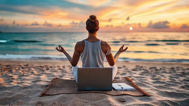A photorealistic image of a person meditating peacefully on a beach at sunrise, with a laptop and notebook neatly closed beside them on a small mat. The scene evokes a perfect balance between work and life, with the calm ocean and vibrant sky symbolizing tranquility and possibility. Cinematic lighting, sharp focus on the person, depth of field blurring the background. 8K hyper-detailed, professional photography.