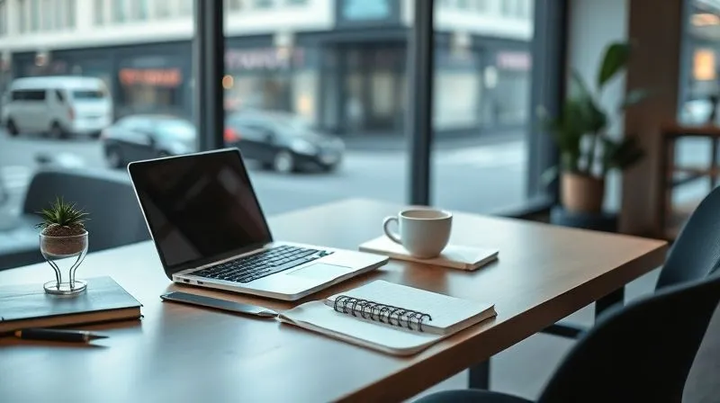 Photorealistic image of a digital nomad's organized desk setup in a bright, modern co-working space, with a laptop, a notebook, a cup of coffee, and a small plant. The background shows a blurred window view of a city street. Cinematic lighting, sharp focus on the desk, depth of field. 8K, professional photography, shot on a high-end DSLR, conveying order and calm amidst a busy environment.