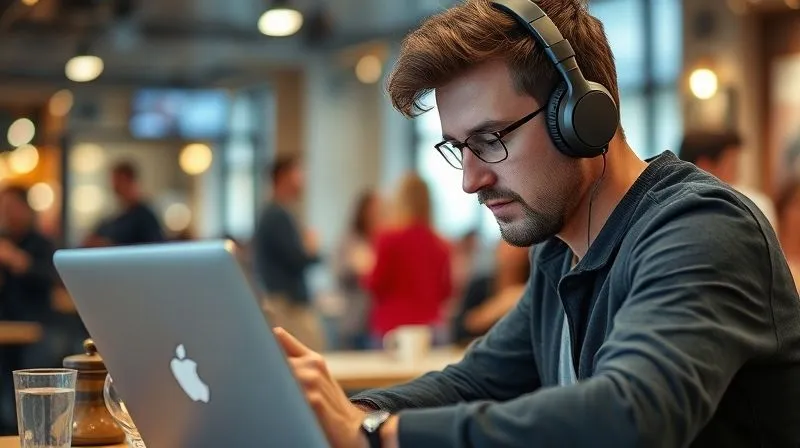 Photorealistic image of a digital nomad wearing noise-canceling headphones, deeply focused on a laptop screen in a bustling cafe. The background is slightly blurred, showing people and activity, but the foreground nomad is in sharp focus, creating a sense of a personal bubble of concentration. Cinematic lighting, 8K, professional photography, shot on a high-end DSLR, conveying deep work amidst distraction.