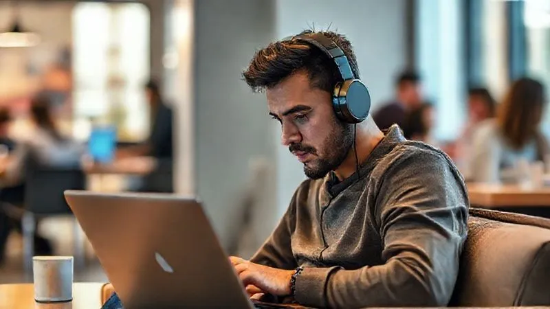 A photorealistic image of a digital nomad wearing noise-canceling headphones, deeply focused on a laptop in a minimalist yet cozy corner of a bustling co-working space, with a soft blur on the background activity. Cinematic lighting, 8K, sharp focus on the individual's face and laptop, depth of field creating separation, 8K hyper-detailed, shot on high-end DSLR.