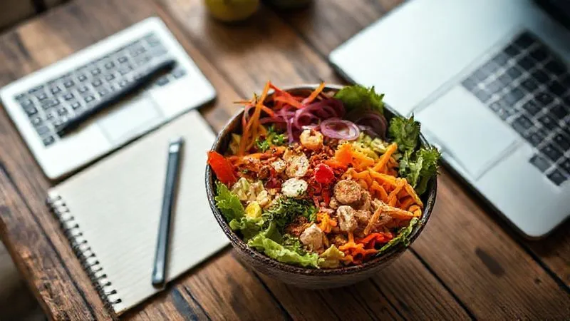 A photorealistic close-up of a vibrant, healthy meal (e.g., a Buddha bowl with colorful vegetables and lean protein) on a rustic wooden table, next to a notebook and a laptop, symbolizing mindful nutrition for productivity. Cinematic lighting, 8K, sharp focus on the food, depth of field, shot on high-end DSLR.