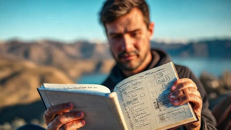 A photorealistic image of a person reviewing a journal or planner with handwritten notes and productivity metrics, a blurred background showing a scenic nomadic landscape (e.g., mountains or ocean). The person has a thoughtful expression. Cinematic lighting, 8K, sharp focus on the journal, depth of field, shot on high-end DSLR.