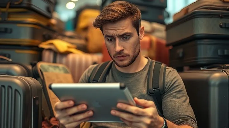 Photorealistic image of a digital nomad looking frustrated while trying to study a language on a tablet, surrounded by packed suitcases and a chaotic travel environment. The scene should convey the challenges of maintaining consistency while traveling, with a slightly desaturated color palette to emphasize the struggle. Cinematic lighting, sharp focus on the nomad's face, depth of field blurring the background, 8K hyper-detailed, professional photography, shot on a high-end DSLR.