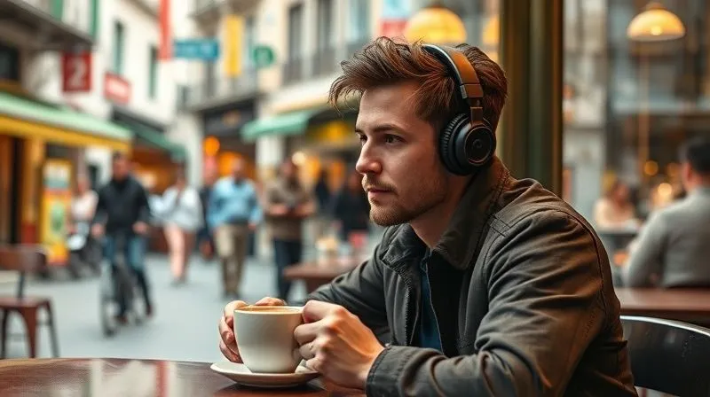 Photorealistic image of a digital nomad sitting in a vibrant local cafe in a foreign city, intently listening to a podcast in a foreign language on headphones, while sipping coffee. The background shows bustling street life and local architecture. Cinematic lighting, sharp focus on the nomad, depth of field blurring the background, 8K hyper-detailed, professional photography, shot on a high-end DSLR. The image should convey active and enjoyable language immersion.