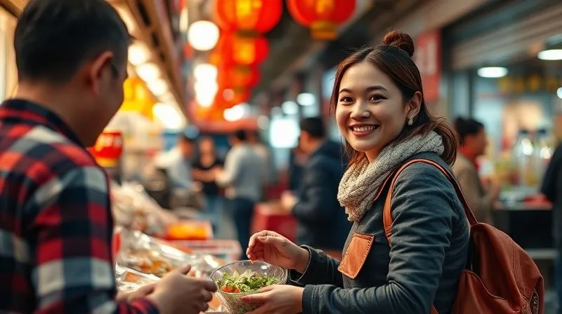 Photorealistic image of a digital nomad, Sofia, smiling confidently while ordering food in a bustling street market in Shanghai, speaking Mandarin with a local vendor. The scene should convey success and ease in language application, with vibrant colors and rich cultural details. Cinematic lighting, sharp focus on Sofia's interaction, depth of field blurring the background, 8K hyper-detailed, professional photography, shot on a high-end DSLR.