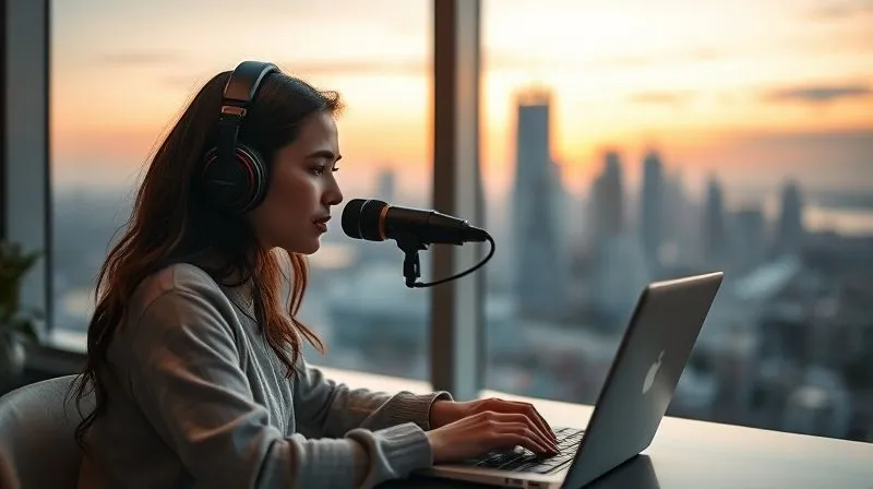 Photorealistic image of a digital nomad, a young woman, wearing headphones and speaking clearly into a microphone while looking at a foreign language text on her laptop. She is practicing 'shadowing' in a quiet, minimalist co-working space with a large window overlooking a city skyline at sunset. Cinematic lighting, sharp focus on the woman, depth of field blurring the background, 8K hyper-detailed, professional photography, shot on a high-end DSLR. The image should convey focused and advanced language practice.