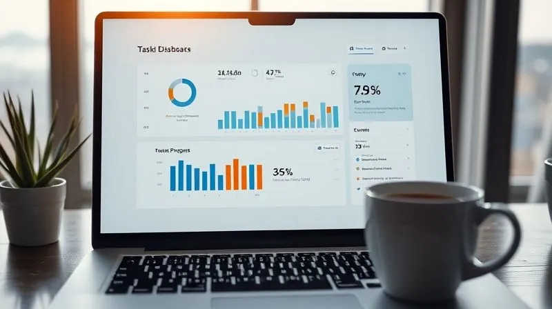 A photorealistic image of a sleek, minimalist digital dashboard on a laptop screen, displaying various productivity metrics like task completion rates, project progress bars, and calendar events. The screen is sharp and bright, with a subtle reflection of a serene, distant landscape. Cinematic lighting, sharp focus on the screen, depth of field blurring the laptop's keyboard and a coffee cup. 8K hyper-detailed, shot on a high-end DSLR.