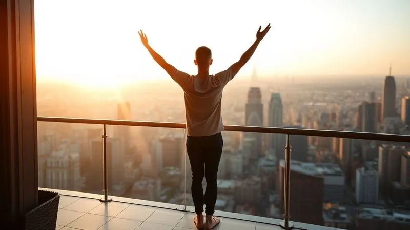 A photorealistic, professional photography image of a digital nomad performing a calm, mindful stretch or meditation pose on a balcony overlooking a vibrant, bustling city at sunrise. The person is silhouetted against the golden light, exuding peace and focus. Cinematic lighting, sharp focus on the individual, depth of field blurring the city below. 8K hyper-detailed, shot on a high-end DSLR.