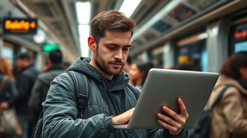 A photorealistic, professional photography image of a digital nomad calmly troubleshooting a laptop issue in a bustling train station, with a serene expression despite the chaos around. A portable hotspot is visible. Cinematic lighting, sharp focus on the nomad and laptop, depth of field blurring the background crowd and train. 8K hyper-detailed, shot on a high-end DSLR.