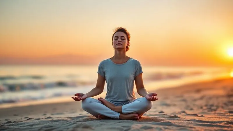 A photorealistic image of a person sitting cross-legged, eyes closed, meditating peacefully on a tranquil beach at sunrise. The soft, golden light illuminates their face, conveying a sense of inner calm and focus. In the background, a subtle, blurred outline of a laptop and notebook suggests a blend of work and mindfulness. professional photography, 8K, cinematic lighting, sharp focus, depth of field.