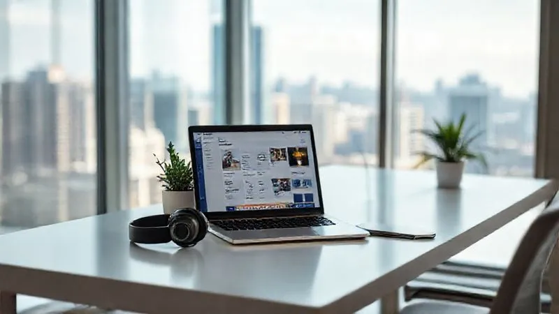 A photorealistic, professional photography, 8K, cinematic lighting, sharp focus, depth of field shot on a high-end DSLR of a minimalist desk setup in a bright, modern co-working space with large windows overlooking a city. On the desk, a sleek laptop displays a project management tool (like Notion or Asana), a noise-canceling headphone, and a small plant. The scene conveys efficient, organized work in a global setting, with soft natural light.