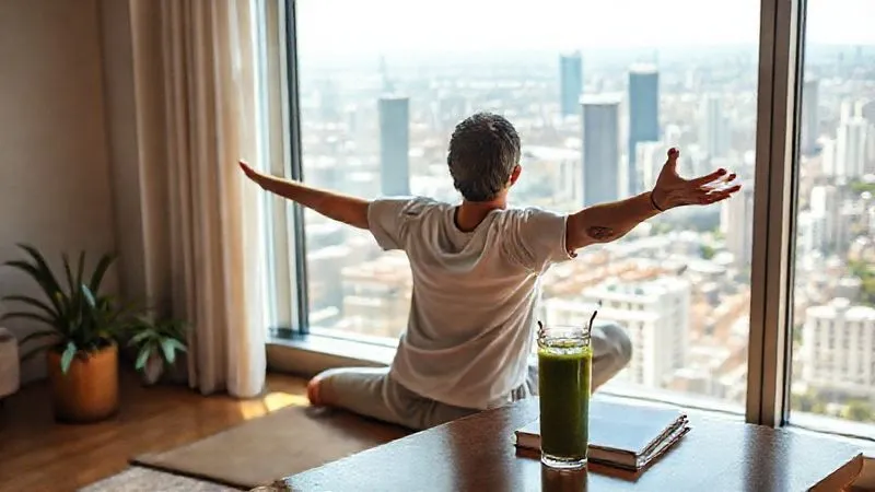 A photorealistic, professional photography, 8K, cinematic lighting, sharp focus, depth of field shot on a high-end DSLR of a person stretching gently in a sunlit room, overlooking a vibrant city. The person's posture is relaxed and energized, emphasizing the importance of physical well-being for mental clarity. A green smoothie and a journal are on a nearby table, suggesting a holistic approach to energy management. The lighting is soft and inviting.