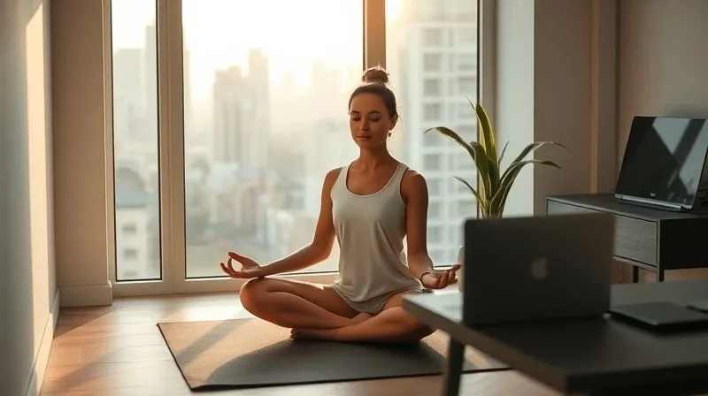 A photorealistic image of a digital nomad practicing mindfulness meditation on a yoga mat in a minimalist apartment, with soft morning light streaming through a window overlooking a cityscape. There's a laptop closed on a nearby desk, symbolizing the separation of morning ritual from work. Cinematic lighting, sharp focus on the person, depth of field. 8K hyper-detailed, professional photography.