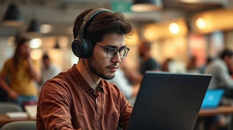 A photorealistic image of a digital nomad, wearing noise-canceling headphones, deeply focused on a laptop screen in a bustling yet organized co-working space. The background shows blurred figures, but the foreground worker is sharp and calm. Cinematic lighting, sharp focus, depth of field, conveying a sense of productive isolation amidst activity. 8K hyper-detailed, professional photography.