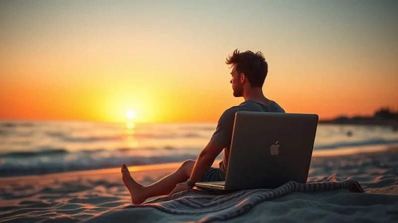 A photorealistic image of a digital nomad enjoying a serene sunset on a beach, laptop closed beside them, symbolizing work-life balance and intentional disconnection. The person is relaxed, looking towards the horizon. Warm, cinematic lighting, sharp focus on the person, depth of field. 8K hyper-detailed, professional photography.