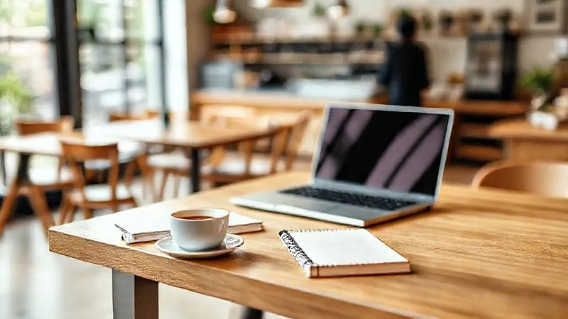 A photorealistic image of a minimalist, portable workspace setup on a clean wooden table, with a laptop, a notebook, and a coffee cup, set against a blurred background of a bustling but orderly cafe. Soft natural light, sharp focus on the laptop and notebook, 8K hyper-detailed, professional photography.