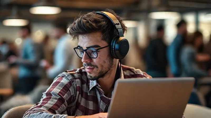 A photorealistic, professional photography of a digital nomad wearing noise-cancelling headphones, deeply focused on a laptop screen in a bustling co-working space, yet seemingly in their own peaceful bubble. The background is slightly blurred with people moving, but the foreground worker is sharp, 8K, cinematic lighting, depth of field.