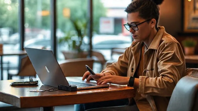 A photorealistic image of a digital nomad setting up a portable hotspot device next to their laptop in a comfortable, well-lit cafe, with a local SIM card visible. The scene emphasizes seamless connectivity and preparedness, 8K, sharp focus, cinematic lighting, professional photography.