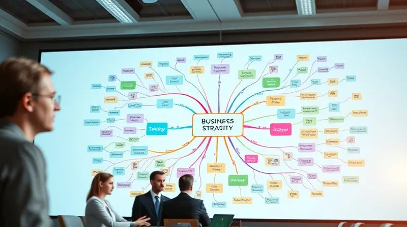 A photorealistic, professional photography, 8K, cinematic lighting, sharp focus, depth of field, shot on a high-end DSLR, depicting a complex but highly organized mind map on a large digital display in a modern meeting room. The central node is 'Business Strategy Clarity', with branches like 'Market Analysis', 'Team Alignment', 'Innovation', 'Execution Plan', each with sub-branches. The map uses vibrant colors and small, relevant icons for each idea, illustrating interconnectedness and clarity. A few diverse business professionals are visible in the foreground, blurred, observing the map with expressions of understanding and agreement.