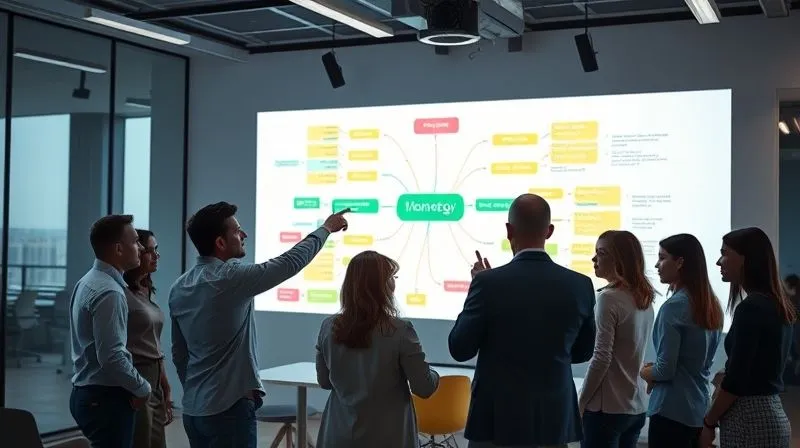 A photorealistic, professional photography, 8K, cinematic lighting, sharp focus, depth of field, shot on a high-end DSLR, depicting a business team in a modern office collaborating around a large interactive digital mind map projected on a wall. The mind map shows a business strategy with various branches, some highlighted in green (completed), yellow (in progress), and red (at risk). Team members are pointing at different sections of the map, discussing progress and making real-time adjustments with gestures, conveying dynamic monitoring and adaptation.