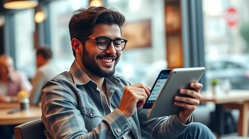 A photorealistic image of a digital nomad sitting in a cafe, smiling and engaged in a video call on a tablet, with a language learning app interface visible on the screen. The background is slightly blurred with other cafe patrons and travel elements. Cinematic lighting, sharp focus on the nomad and tablet, 8K hyper-detailed, professional photography, shot on a high-end DSLR.