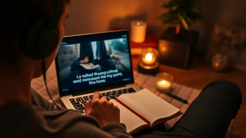 A photorealistic image of a person wearing headphones, intensely focused on a laptop screen displaying a foreign language film with subtitles, while simultaneously taking notes in a journal. The background shows a cozy, minimalist digital nomad setup. Cinematic lighting, sharp focus, 8K hyper-detailed, professional photography, shot on a high-end DSLR.