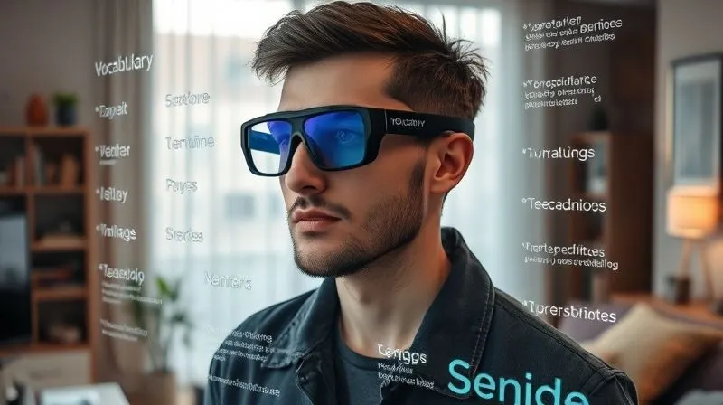 A photorealistic image of a digital nomad wearing futuristic augmented reality glasses, interacting with a holographic language interface showing vocabulary words and grammar rules floating in the air. The background is a modern, minimalist apartment with travel souvenirs. Cinematic lighting, sharp focus on the technology and the nomad's expression of concentration, 8K hyper-detailed, professional photography, shot on a high-end DSLR.