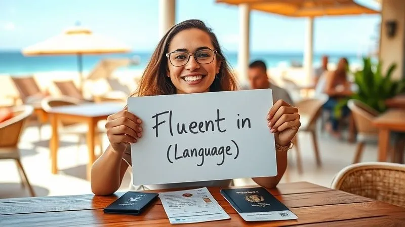 A photorealistic image of a digital nomad holding up a small whiteboard with 'Fluent in [Language]' written on it, smiling broadly with a passport and plane tickets visible on the table. The background is a vibrant, sunny beach cafe. Cinematic lighting, sharp focus on the nomad and the whiteboard, 8K hyper-detailed, professional photography, shot on a high-end DSLR.