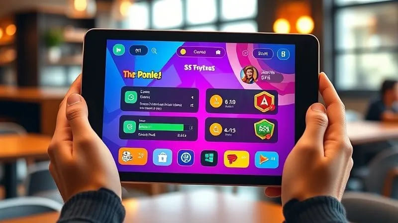 A photorealistic, professional photography, 8K, cinematic lighting, sharp focus, depth of field, shot on a high-end DSLR, depicting a vibrant and engaging gamified learning interface on a tablet, with progress bars, badges, and points clearly visible, held by hands in a cafe setting with a blurred background.