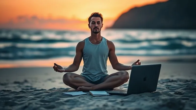 A photorealistic, professional photography, 8K, cinematic lighting, sharp focus, depth of field, shot on a high-end DSLR, depicting a digital nomad meditating peacefully on a beach at sunrise, with a laptop and notebook subtly placed nearby, symbolizing balance between work, learning, and well-being. The scene evokes calm and focus.